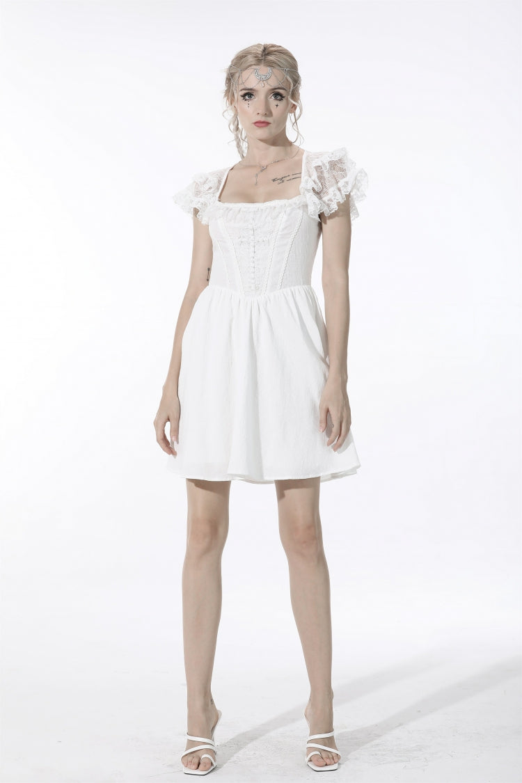 White Layered Lace Square Collar Strappy Women's Gothic Mini Graduation Dress - Product - 8