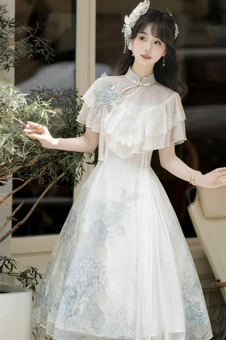 White [Hydrangea Message] Short Sleeves Print Ruffle Lace Sweet Chinese Style Elegant Lolita Short Dress - Product - 11