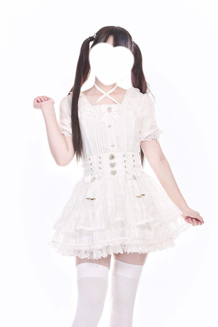 [Love Hanabi] Triple-Layered Bowknot Lace-Up Organza Sweet Jirai Kei Japanese Skirt 3 Colors - White - 4