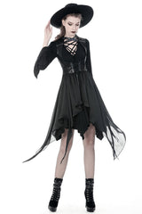Black Chiffon Sleeveless Cut-Out Chest Irregular Hem Lace-Up Buckled Women's Punk Jacket - Product - 7