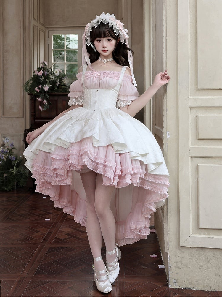 Pink & White Gothic Underbust JSK Dress and Off-Shoulder Blouse Set detail view 2