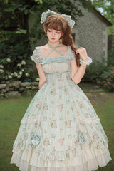 Green [An Encounter with Austin] Square Collar Short Sleeves Multi-Layered Rose Printed Ruffled Bow Lace Sweet Lolita Dress 2 Versions - Product - 22