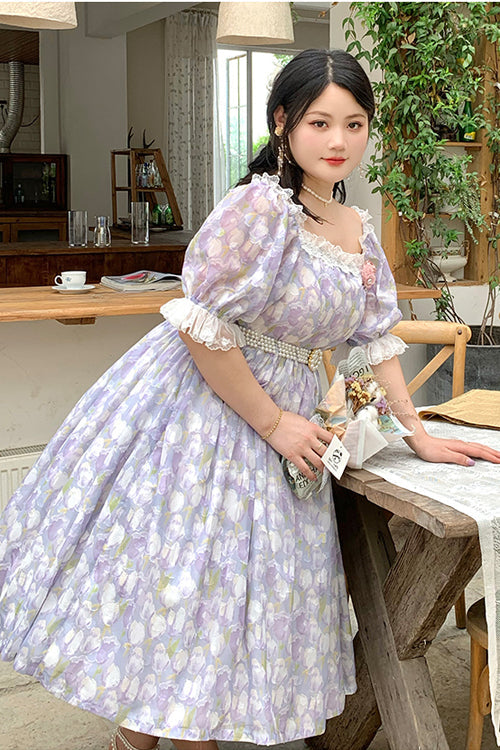 Boat Neck Ruffled Short Sleeves Plus Size Tulips Floral Print High Waisted Sweet Lolita OP Dress - Product - 2