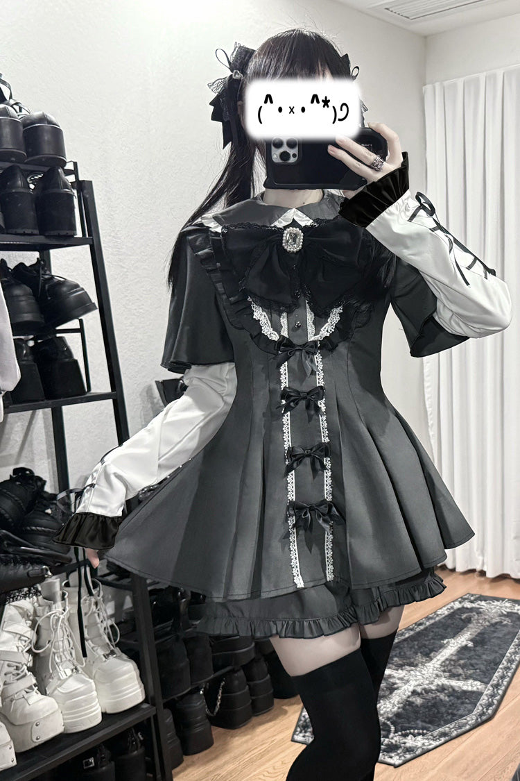 [Black Veil Pact] Short Sleeves Printed Ruffled Bow Gothic Jirai Kei Japanese Dress Shorts Set 2 Colors - Product - 5