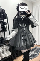 [Black Veil Pact] Short Sleeves Printed Ruffled Bow Gothic Jirai Kei Japanese Dress Shorts Set 2 Colors - Product - 5