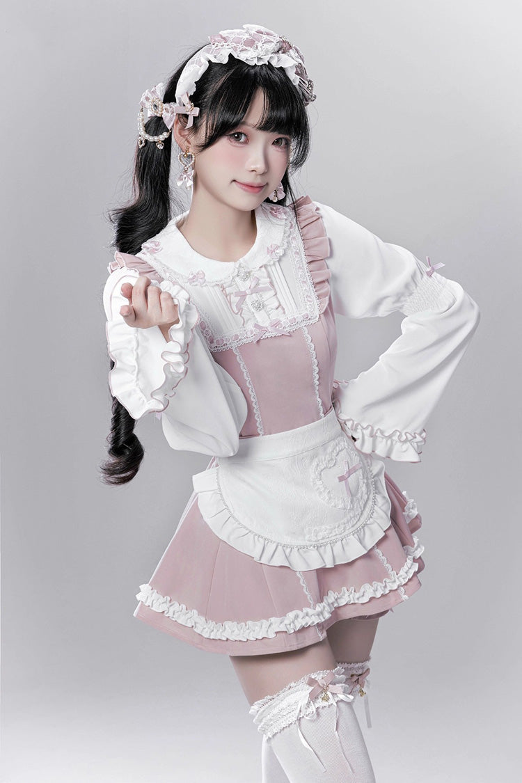 Pink/White [Showcase Doll] Japanese Maid-Style Long Sleeves Ruffle Bowknot Jirai Kei Japanese Dress Shorts Set with Detachable Apron - Product - 5
