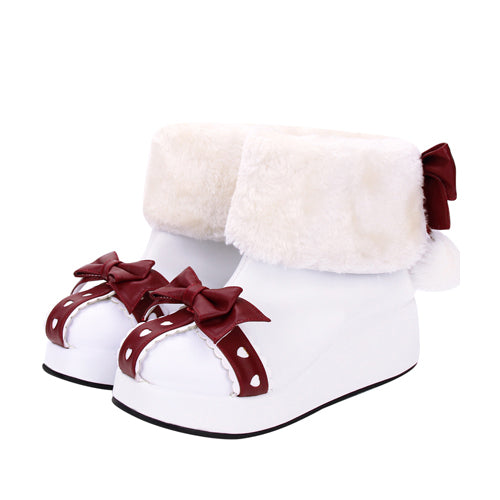White Round Toe Bowknot Plus Velvet Sweet Lolita Boots - White - 2