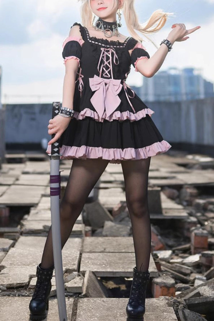 Black/Pink Sleeveless Multi-layer Ruffle Bowknot Sweet Hunt Lolita Jsk Dress - Black/Pink - 1