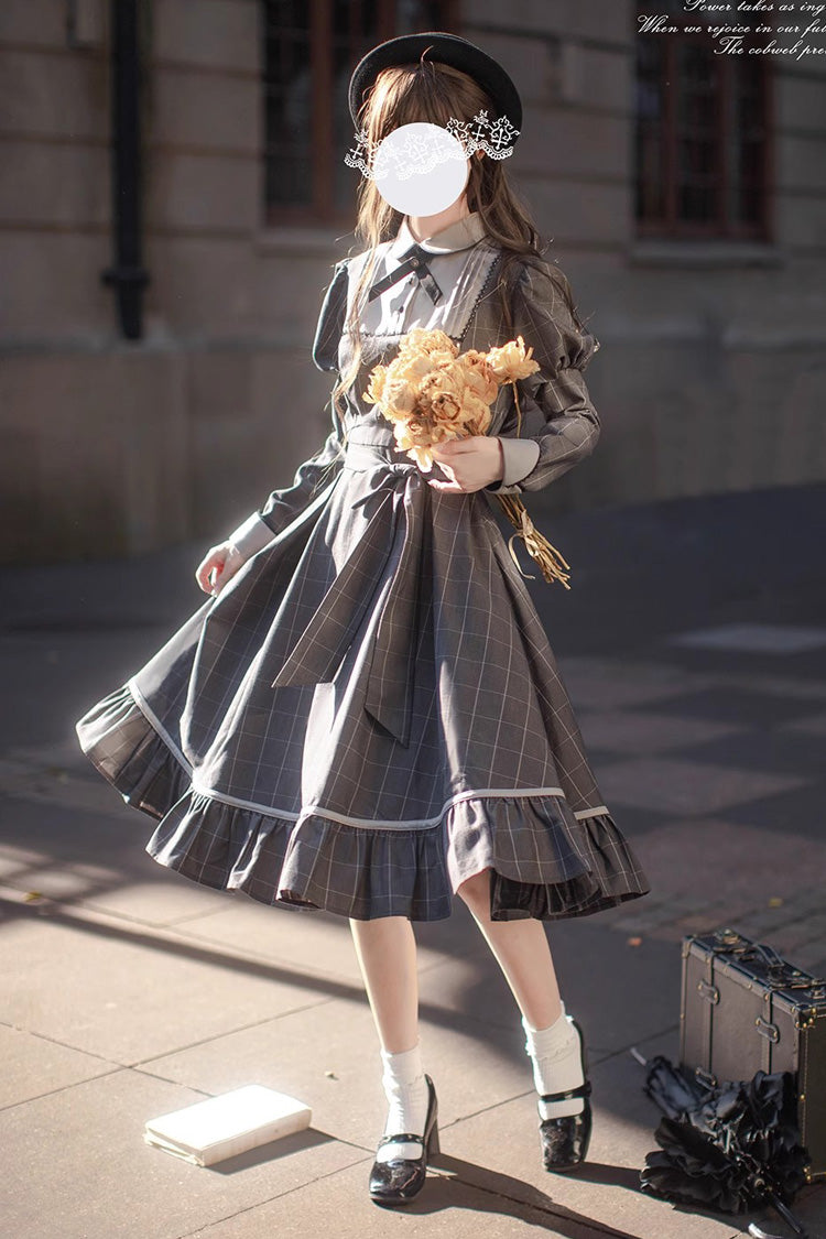 Grey Plaid Print Ruffle Bowknot Classic Vintage College Style Elegant Lolita Dress - Product - 2