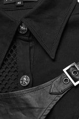 Black Twill Woven Short Sleeves Hollow Leather Stitching Womens Steampunk Blouse - Product - 10