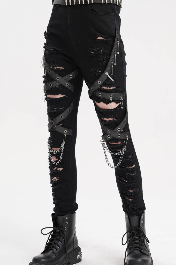 Black Chain Mesh Ripped Women's Punk Pants - Black - 1