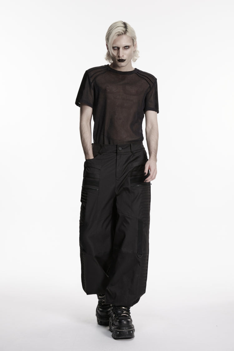 Black Round Collar Short Sleeves Sheer Men's Punk Shirt - Product - 6