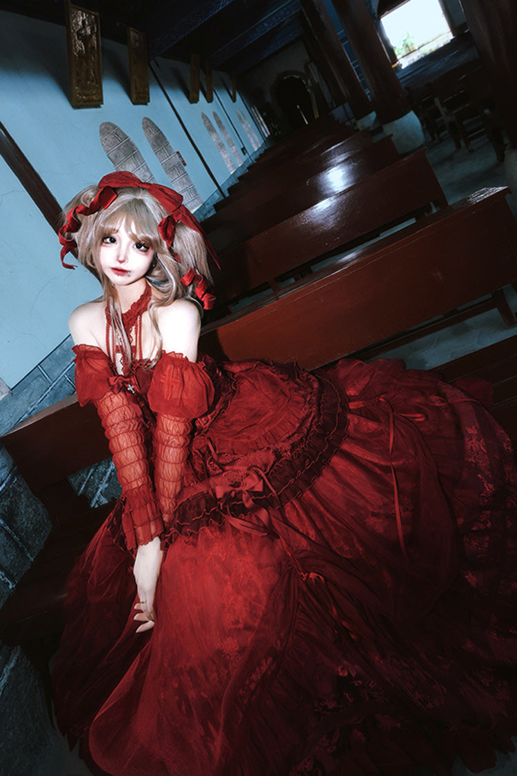 Wine Red Cross Halterneck Ruffle Bowknot Lace Lace-Up Princess Gothic Lolita Dress - Product - 5