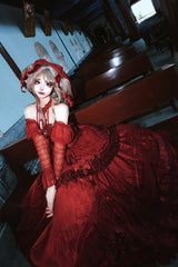 Wine Red Cross Halterneck Ruffle Bowknot Lace Lace-Up Princess Gothic Lolita Dress - Product - 5