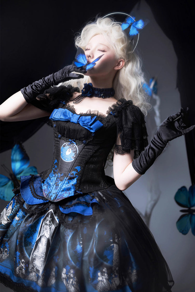 Blue [Dark Moon Corridor] Print Embroidery Gothic Lolita Dress Skirt - Product - 12