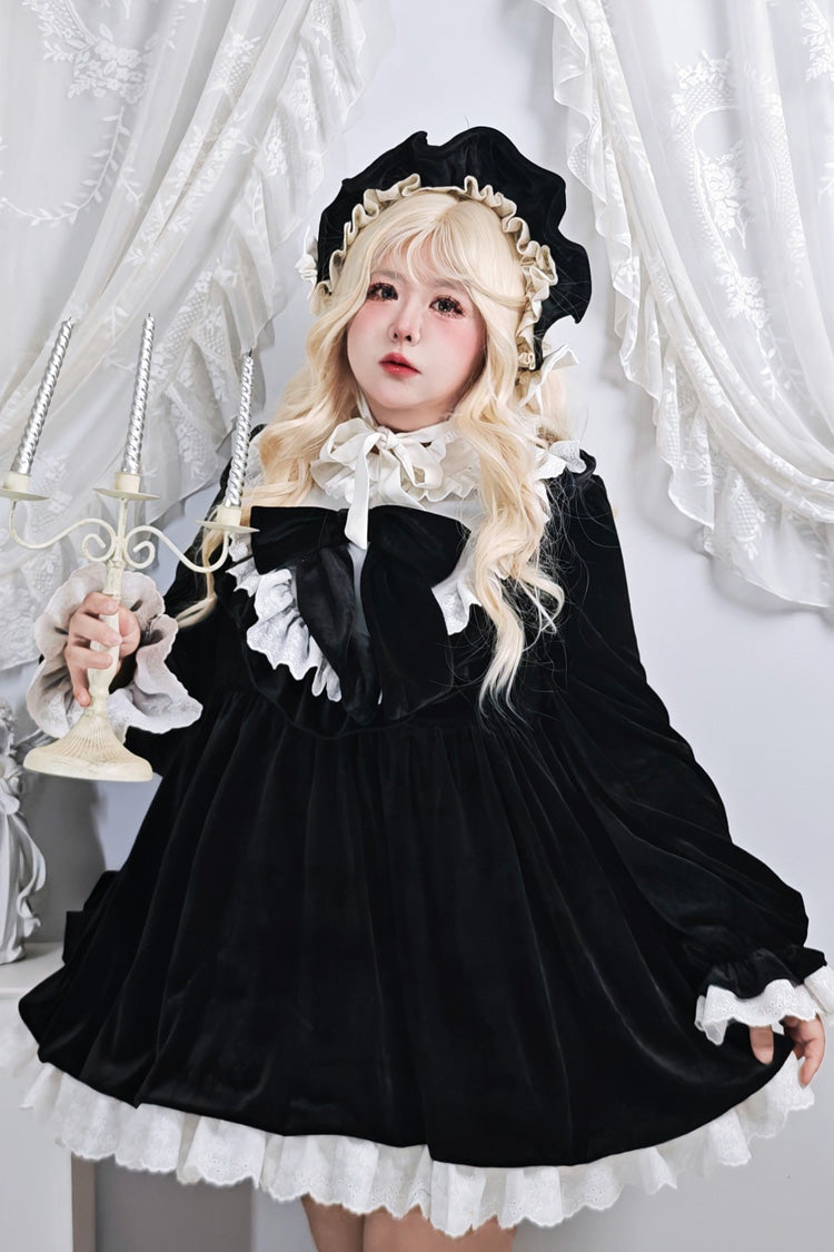 Black [Antique Velvet Doll] Stand Collar Long Sleeves Ruffled Bow Gothic Plus Size Lolita Dress - Black - 1