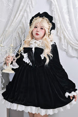 Black [Antique Velvet Doll] Stand Collar Long Sleeves Ruffled Bow Gothic Plus Size Lolita Dress - Black - 1