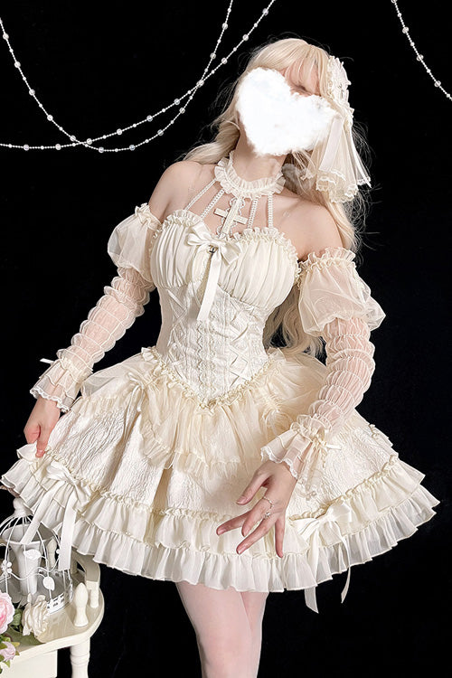 Ivory Tube Top Sleeveless Blowknot Ruffled Sweet Lolita Tiered Dress - Product - 4
