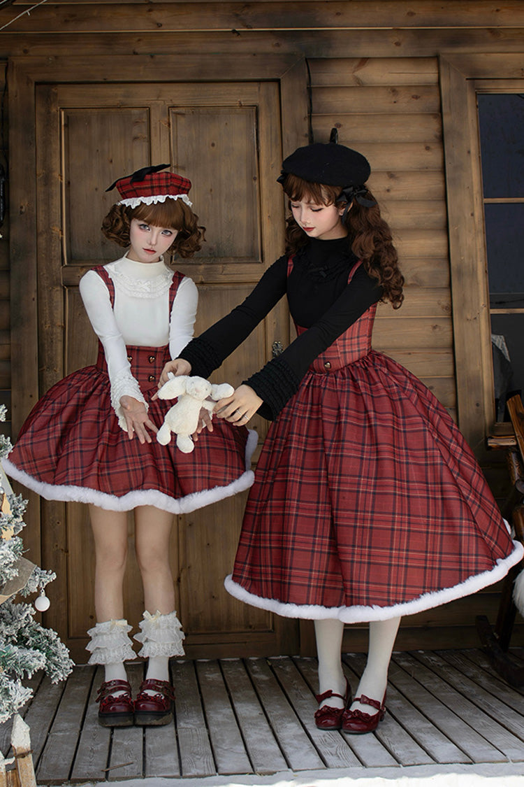 Red Striped Plaid Print Fall Winter Fishbone Sweet Corset Lolita Dress 2 Versions - Product - 4
