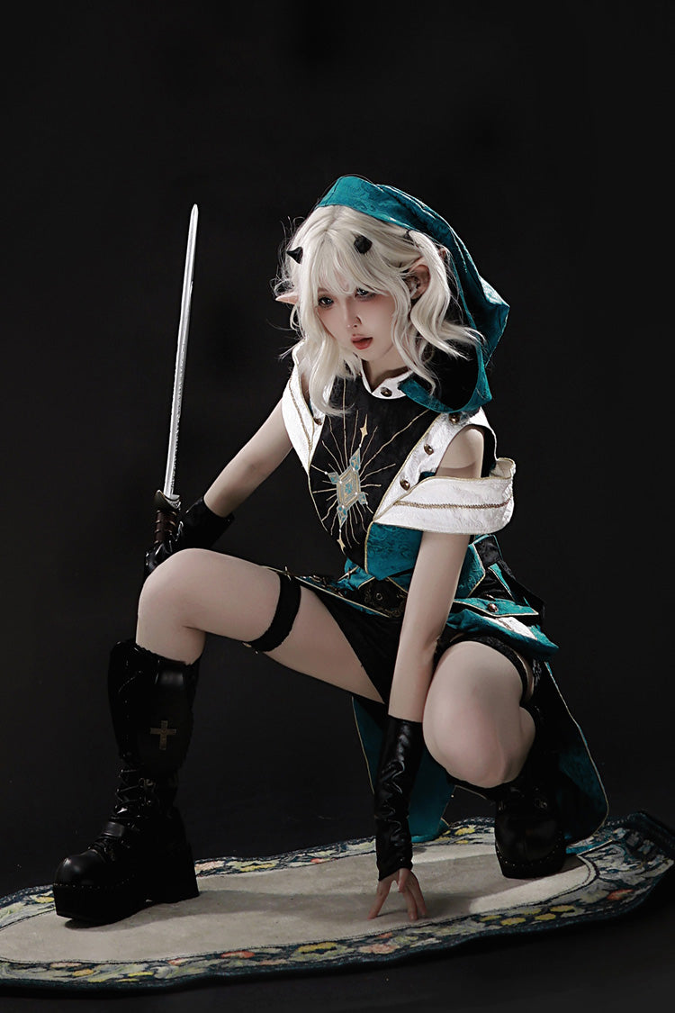 Blue/Green [Traveler’s Outfit] Print Embroidery Hooded Ouji Fashion Sweet Handsome Lolita Set - Product - 2