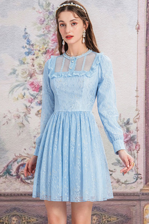 Blue Vintage Lace Round Collar Long Sleeves Sweet Lolita OP Dress - Product - 2
