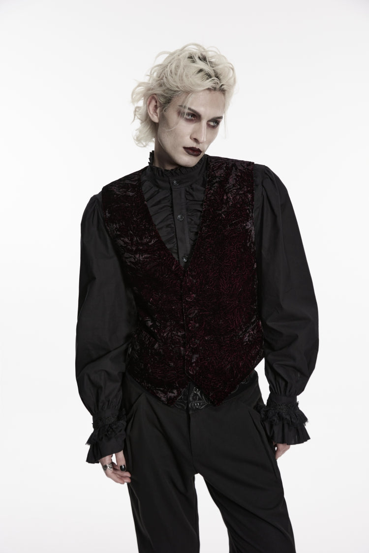 Black/Red V Collar Printed Slim Buckled Men's Gothic Retro Velvet Vest - Product - 8
