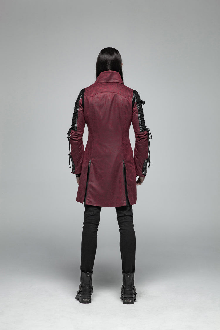 Red Metal Buckle Decoration Zipper Mens Steampunk Windbreaker Coat - Product - 4