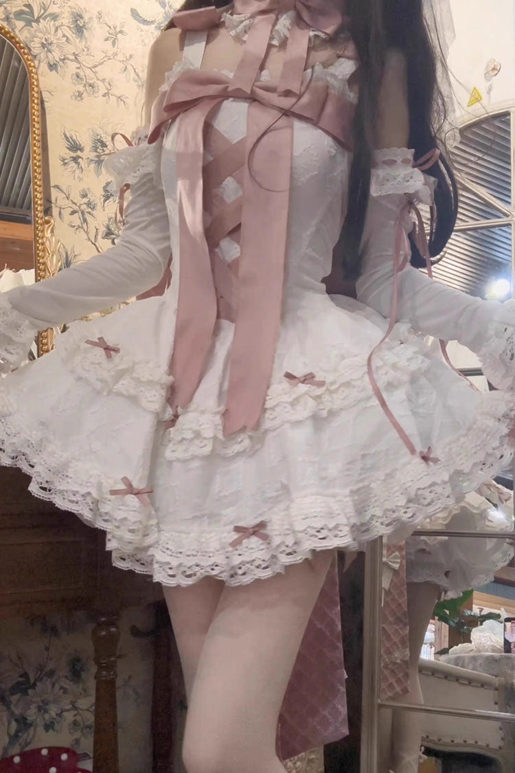 Pink/White Ribbon Embroidery Bowknot Lace-Up Sweet Elegant Princess Lolita Dress - Product - 2