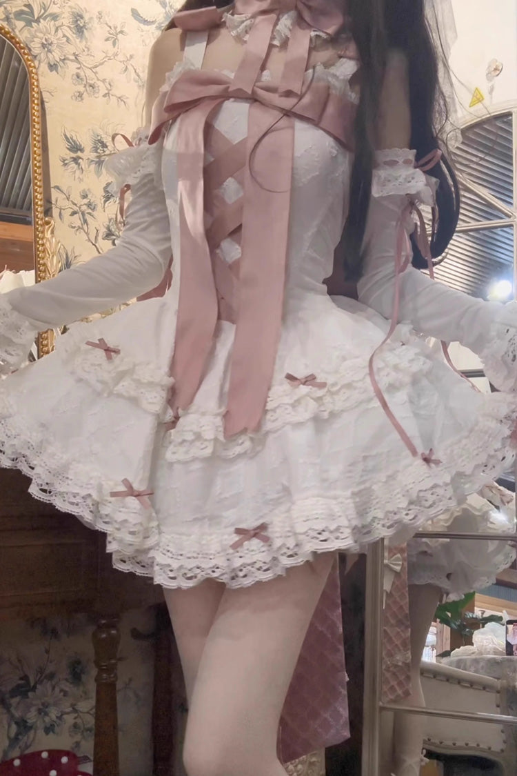 Pink/White Ribbon Embroidery Bowknot Lace-Up Sweet Elegant Princess Lolita Dress - Product - 2