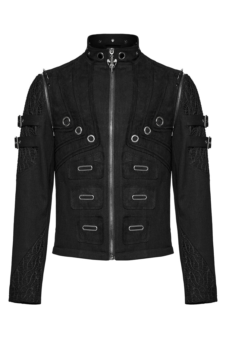 Black Stand Collar Detachable Versatile Men's Punk Coat - Product - 8