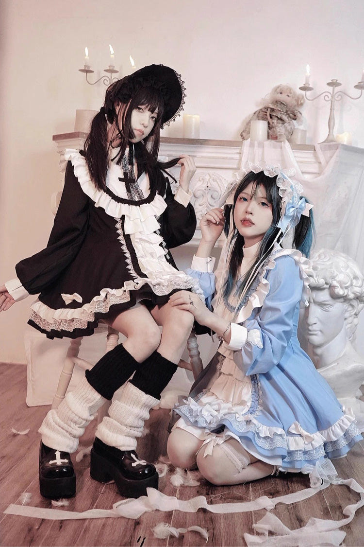 White/Blue Long Sleeves Multi-layer Cross Print Nun Style Ruffle Sweet Lolita Dress - Product - 7