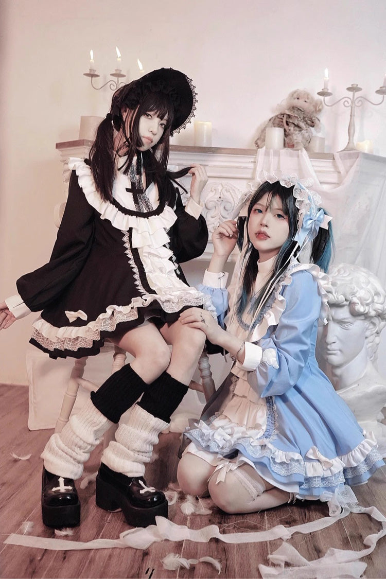 White/Blue Long Sleeves Multi-layer Cross Print Nun Style Ruffle Sweet Lolita Dress - Product - 7