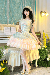 Green [Bale Bebe] Sleeveless Triple-Layered Ruffled Bow Lace-Up Sweet Ballet Lolita Dress - Product - 4