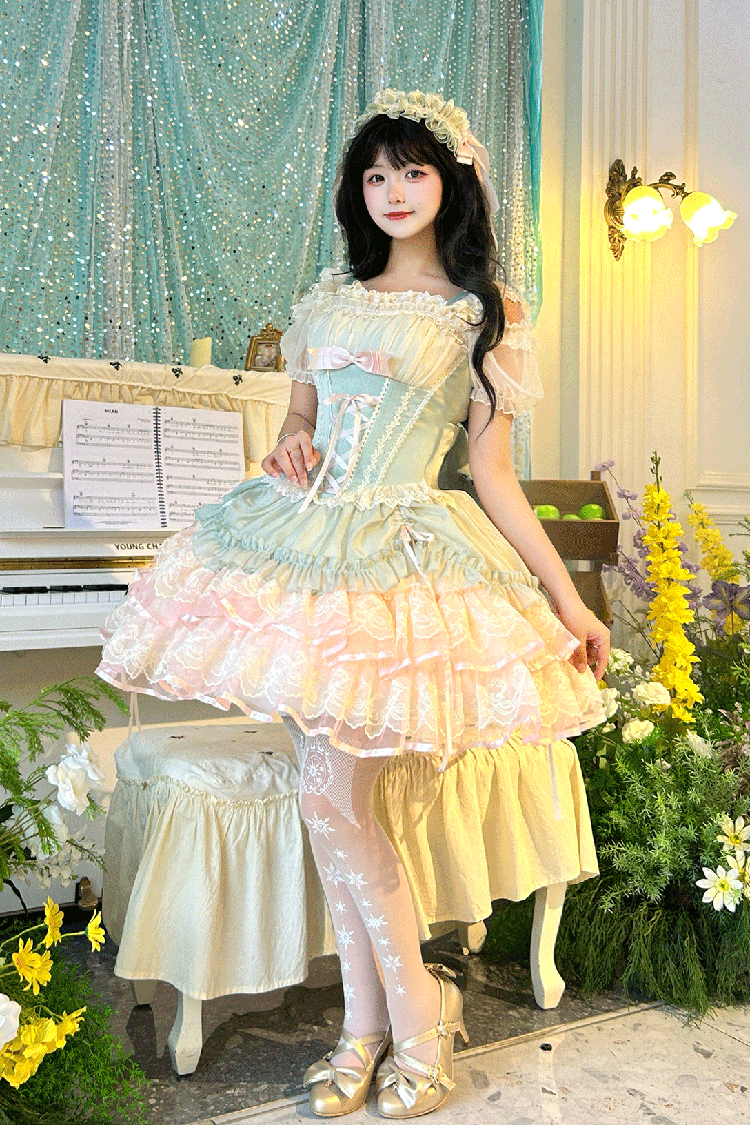 Green [Bale Bebe] Sleeveless Triple-Layered Ruffled Bow Lace-Up Sweet Ballet Lolita Dress - Product - 4
