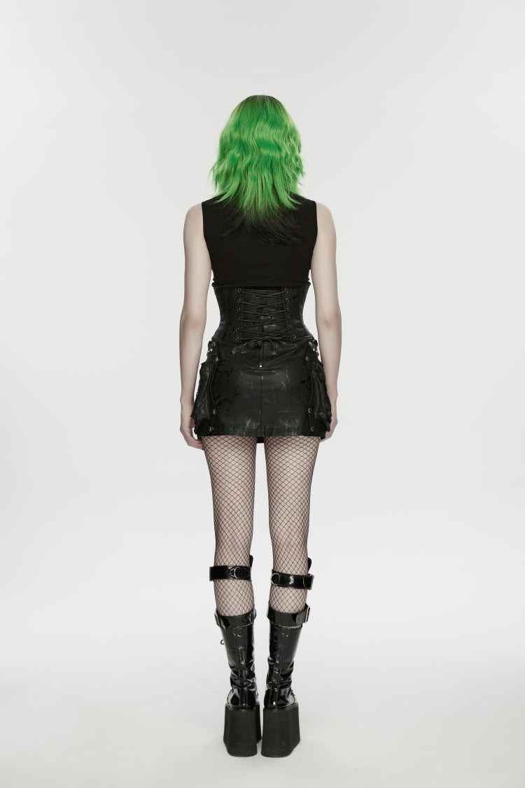 Black Lace-Up Slim Fit Studded Zippered Chain-Decorated Women's Punk Luxurious Cool Underbust Corset - Product - 4