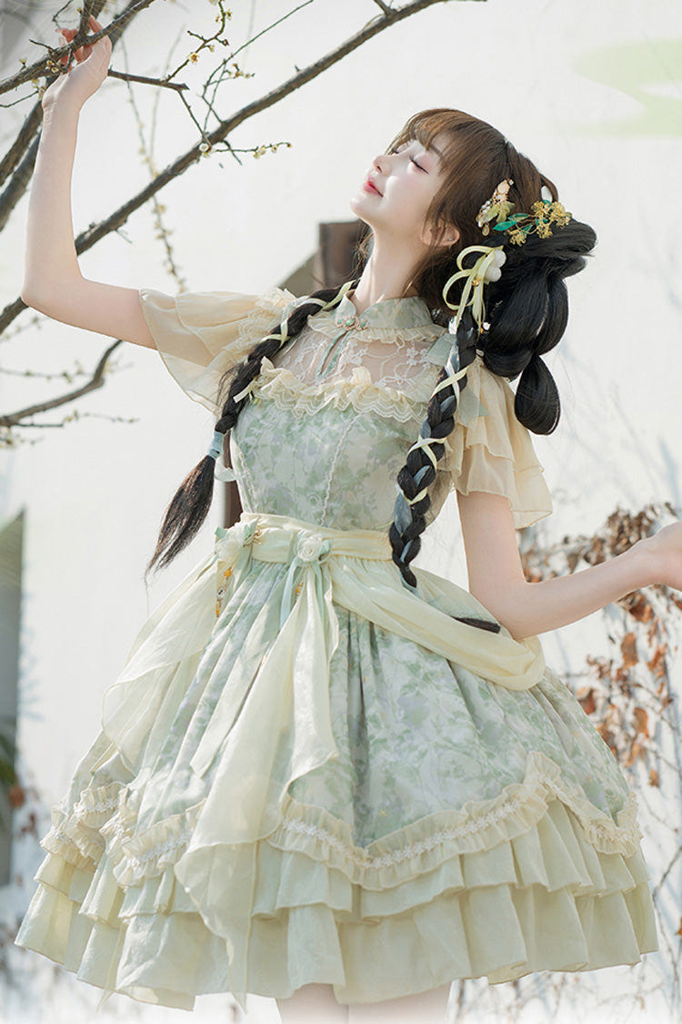 Green Pepper Chiffon Double-Layered Ruffle Bowknot Lace Sweet Chinese Style Lolita Dress - Product - 5