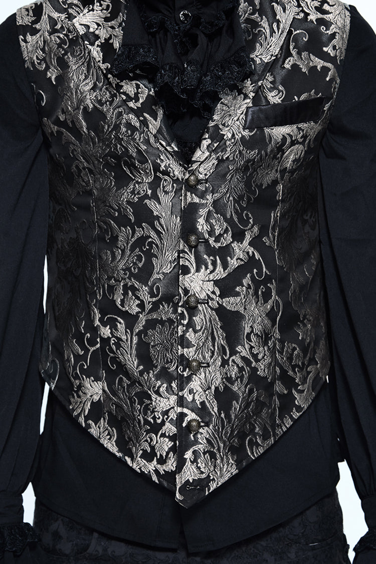 Black/Silver Jacquard Printed Button Men's Gothic Vest - Product - 9