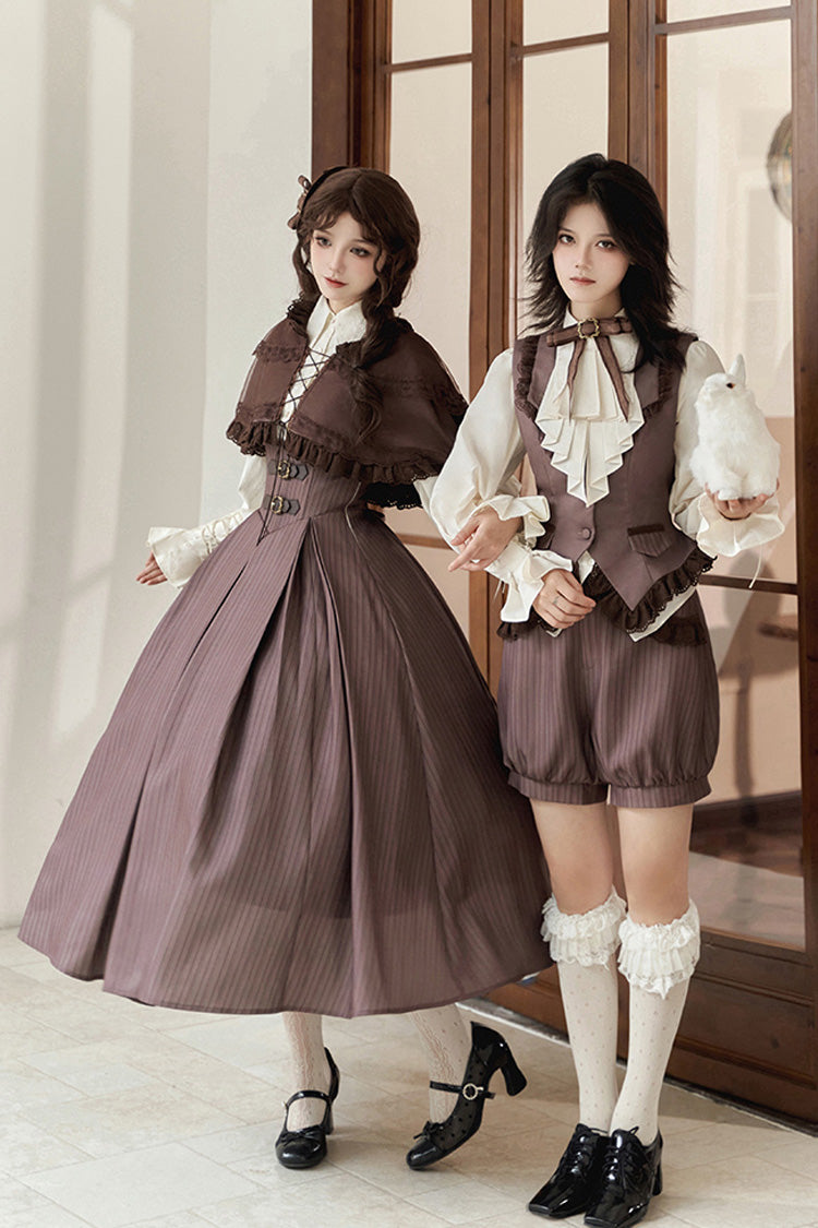 Brown [Manchester City's Past] Striped Print Ouji Fashion Prince Handsome Lolita Vest - Product - 5