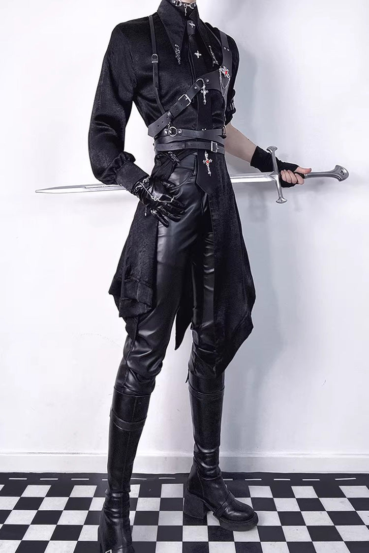 Black Slim Single-Layer Thin Ouji Gothic Lolita Leather Pants - Product - 2