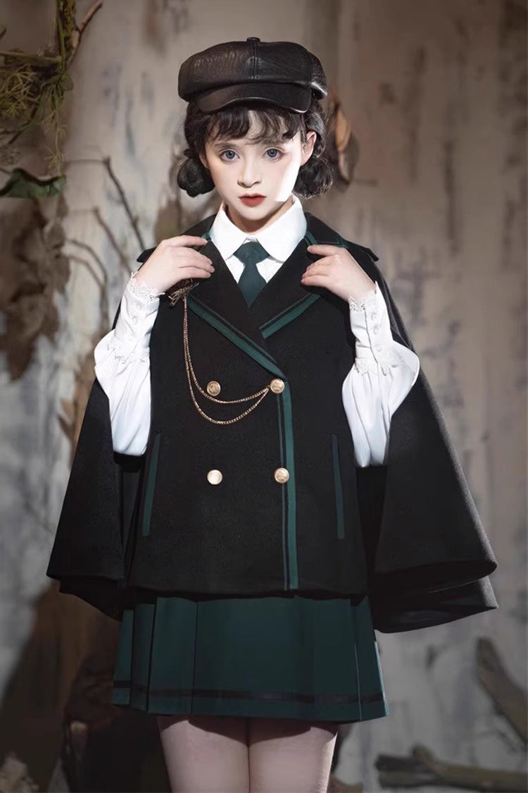 Black/Green Magic Academy Lapel Collar Gothic Vintage College Style Lolita Skirt Full Set - Product - 4