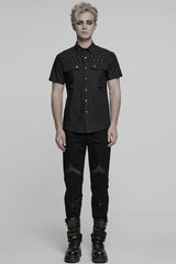 Black Lapel Collar Short Sleeves Men's Pocket Eyelet Punk Blouse - Product - 4