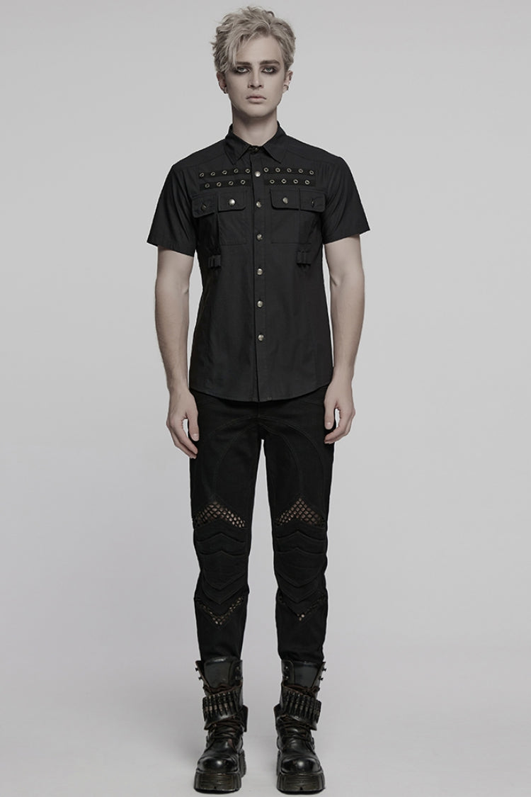 Black Lapel Collar Short Sleeves Men's Pocket Eyelet Punk Blouse - Product - 4