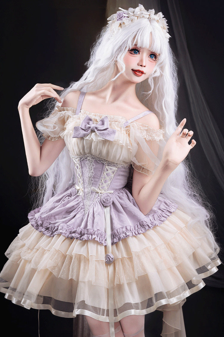 Purple/Ivory Dance of Time Triple-Layered Ballet Style Bowknot Lace-Up Sweet Lolita Jsk Dress - Purple/Ivory - 1