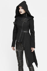 Black Hooded Asymmetrical Zipper Womens Punk Jacket - Product - 2