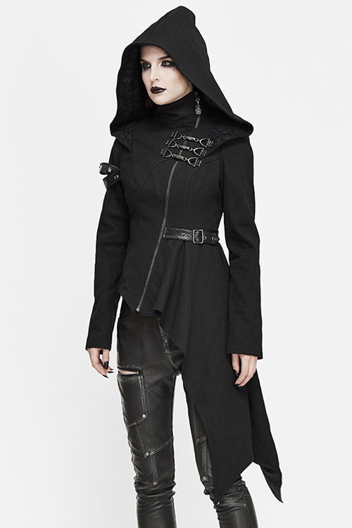 Black Hooded Asymmetrical Zipper Womens Punk Jacket - Product - 2