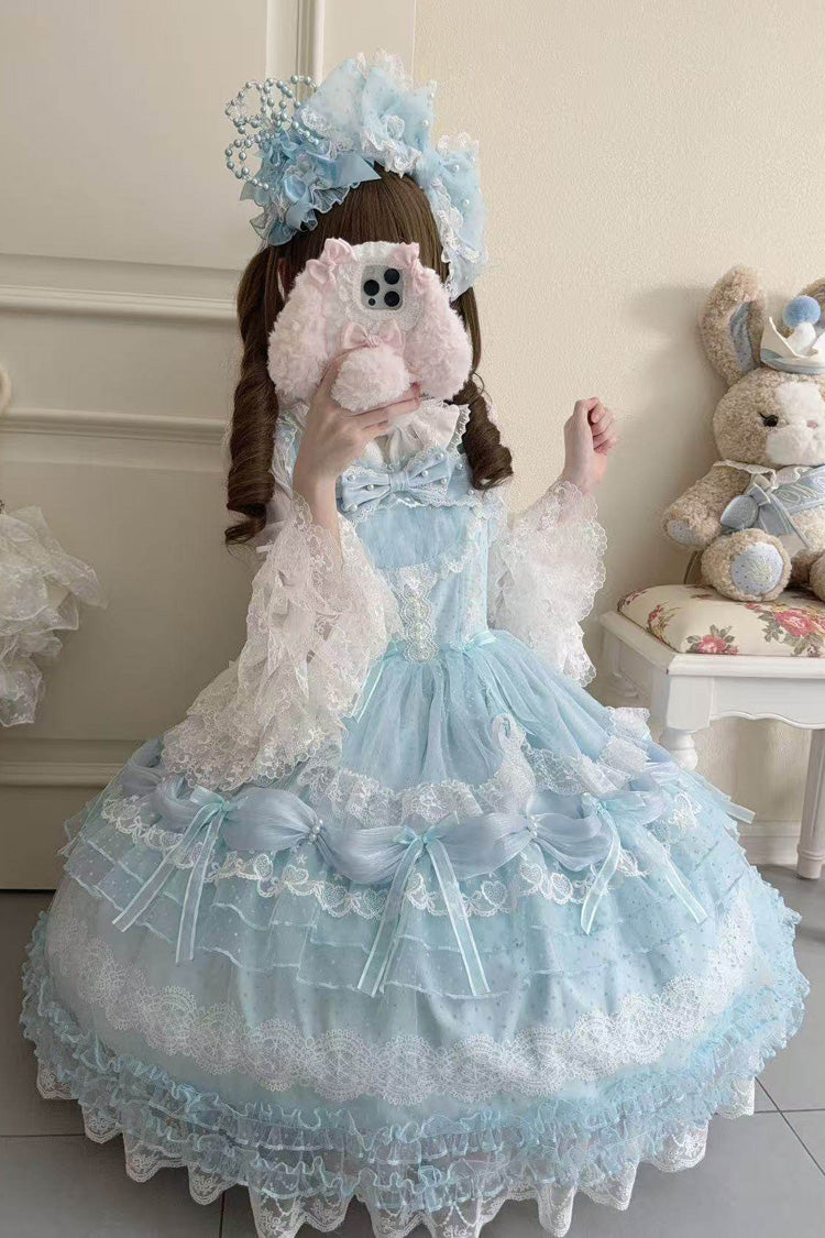 Blue [Sugar Heart Knot] Multi-Layered Ruffled Bow Lace Sweet Lolita Jsk Dress - Product - 3