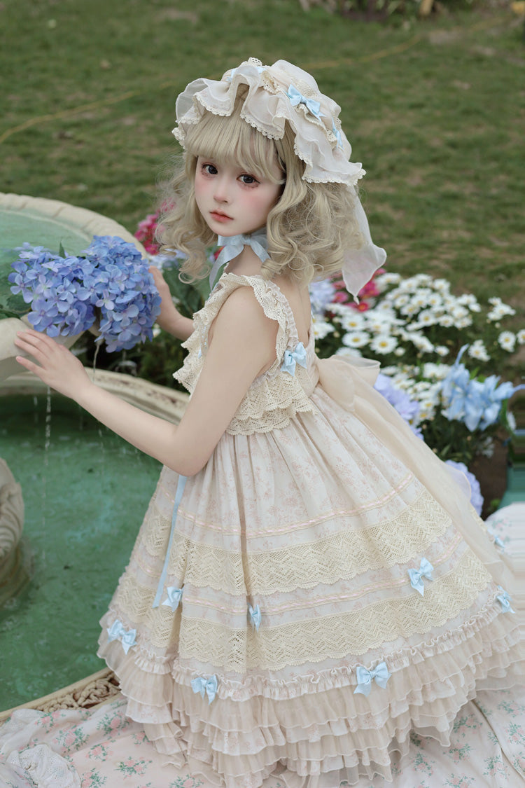 Beige [Little Wind Chime] Sleeveless Multi-Layered Printed Ruffled Bow Lace Sweet Elegant Princess Lolita Jsk Dress - Product - 6