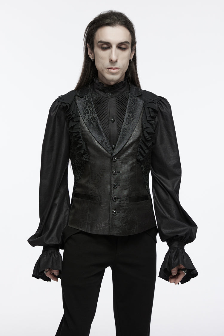 Black Sleeveless Buckle-up Ruffle Men's Gothic Vest - Black - 1