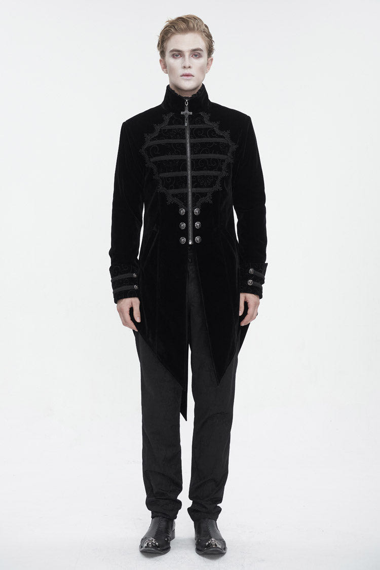 Black Stand Collar Lace Splice Swallow Tailed Men's Gothic Coat - Product - 4