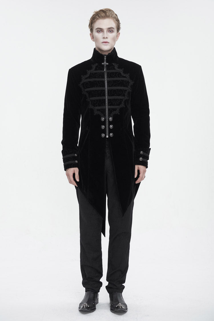 Black Stand Collar Lace Splice Swallow Tailed Men's Gothic Coat - Product - 4